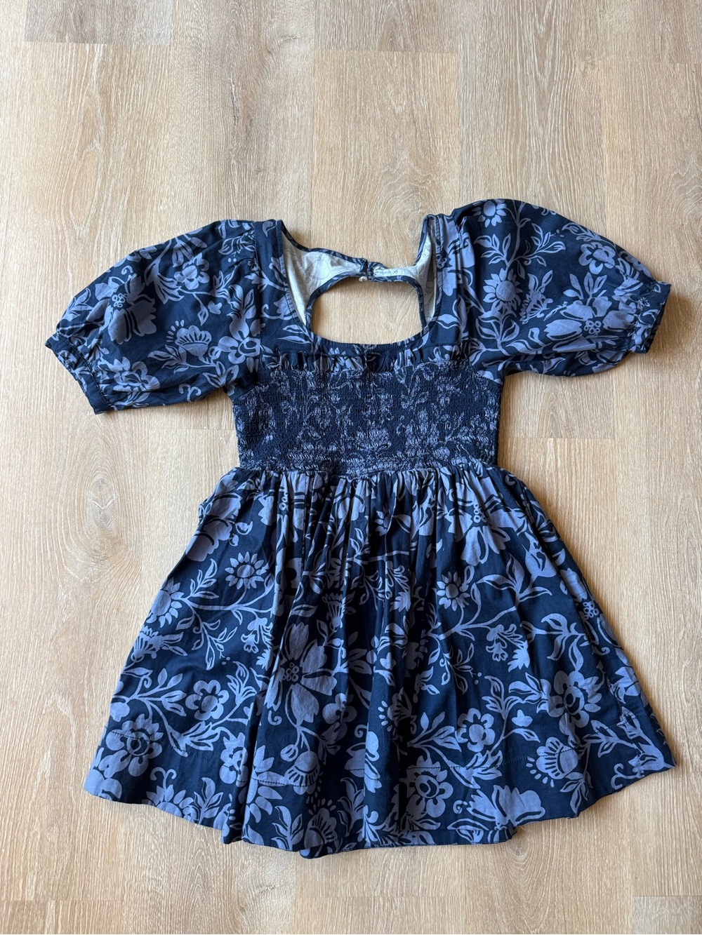 Free People Navy Floral Puff Sleeve Smocked Dress